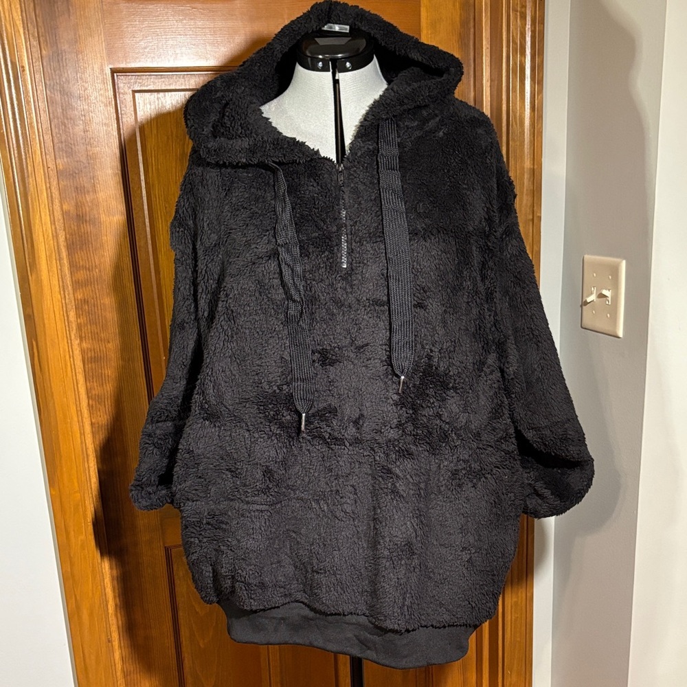 Sherpa Plush Black Fleece Hoodie 1/4 Zip Womens Large Cozy Pullover NWOT - Picture 3 of 8